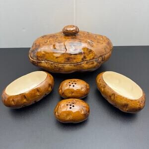 Vintage Atlantic Mold Ceramic Potato Serving Dish Condiment Bowls Salt Pepper